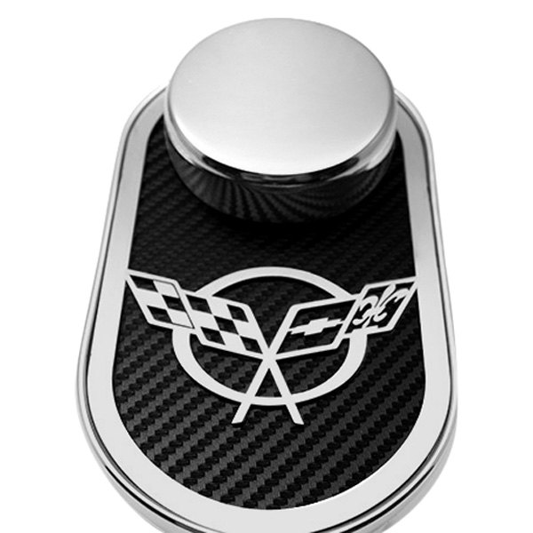 American Car Craft® - Polished Master Cylinder Cover with Black Crossed Flag Emblem