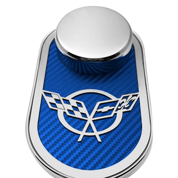 American Car Craft® - Polished Master Cylinder Cover with Blue Crossed Flag Emblem