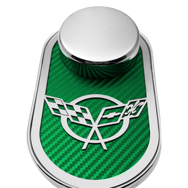 American Car Craft® - Polished Master Cylinder Cover with Green Crossed Flag Emblem