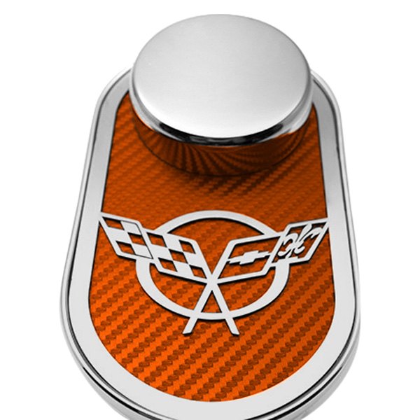 American Car Craft® - Polished Master Cylinder Cover with Orange Crossed Flag Emblem