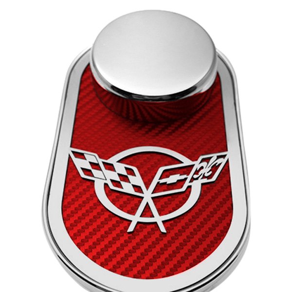 American Car Craft® - Polished Master Cylinder Cover with Red Crossed Flag Emblem