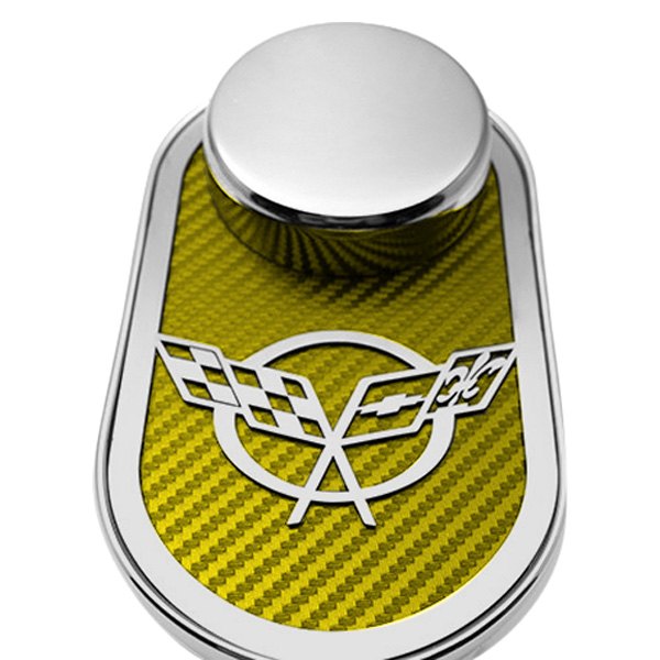 American Car Craft® - Polished Master Cylinder Cover with Yellow Crossed Flag Emblem