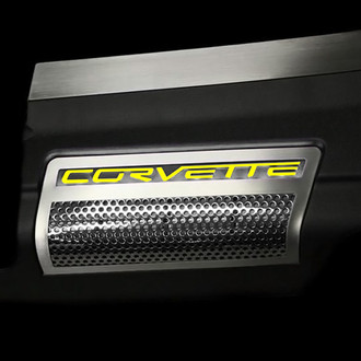 ACC® - Perforated Yellow Illuminated Polished Engine Shroud Side Inserts with Corvette Logo