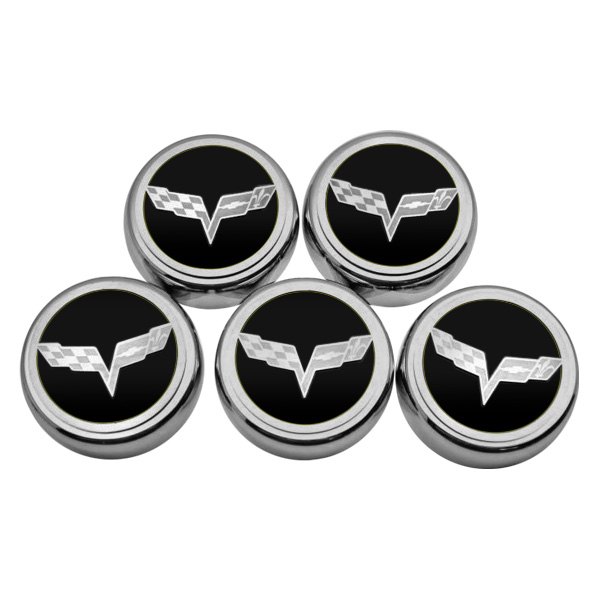 American Car Craft® - Executive Series Chrome/Brushed Black Solid Fluid Cap Cover Set with Crossed Flags Logo