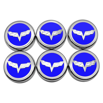 ACC® - Executive Series Chrome Dark Blue Solid Fluid Cap Cover Set with Crossed Flags Logo