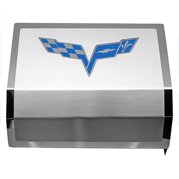 American Car Craft® - Brushed Fuse Box Cover with Crossed Flags Logo