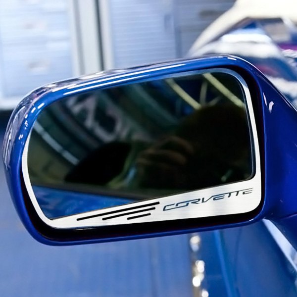 American Car Craft® - Brushed Side View Mirror Trim with Brushed Black Corvette Logo
