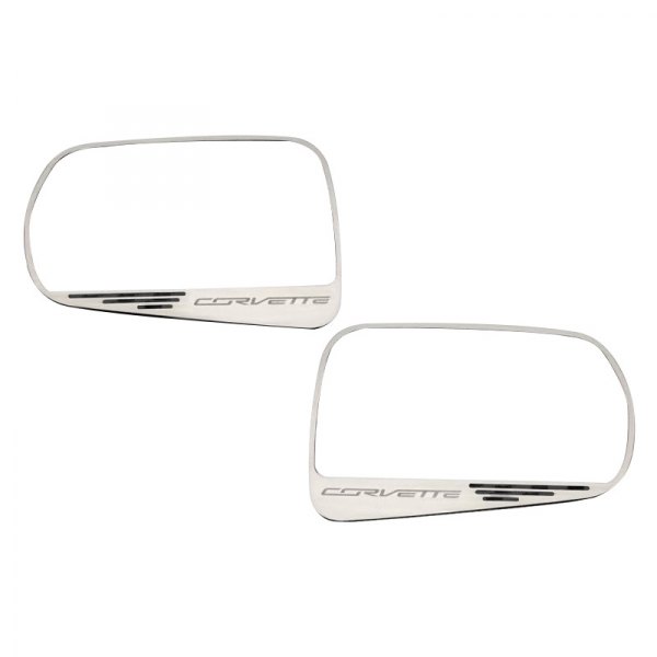 American Car Craft® - Brushed Side View Mirror Trim with Black Carbon Fiber Corvette Logo