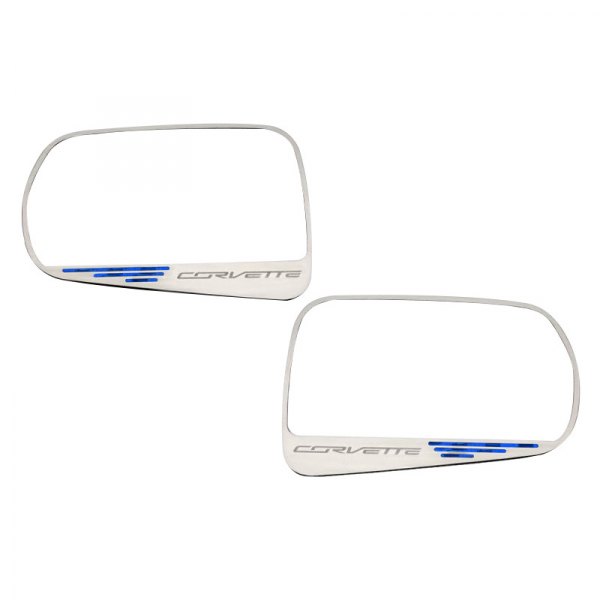 American Car Craft® - Brushed Side View Mirror Trim with Blue Carbon Fiber Corvette Logo