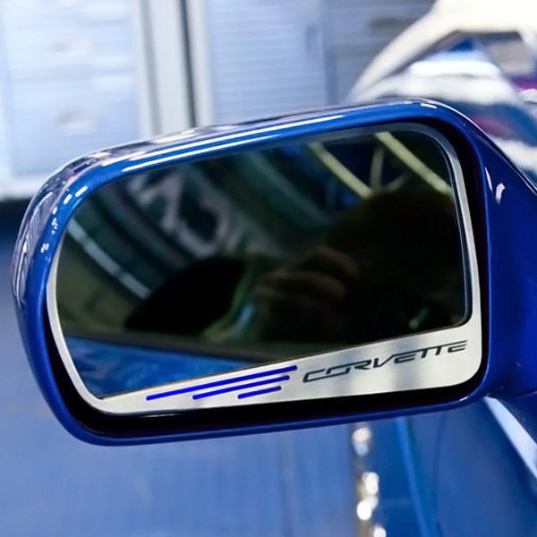 American Car Craft® - Brushed Side View Mirror Trim with Dark Blue Solid Corvette Logo