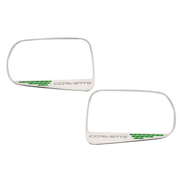 American Car Craft® - Brushed Side View Mirror Trim with Green Carbon Fiber Corvette Logo