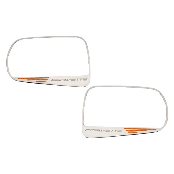 American Car Craft® - Brushed Side View Mirror Trim with Orange Carbon Fiber Corvette Logo