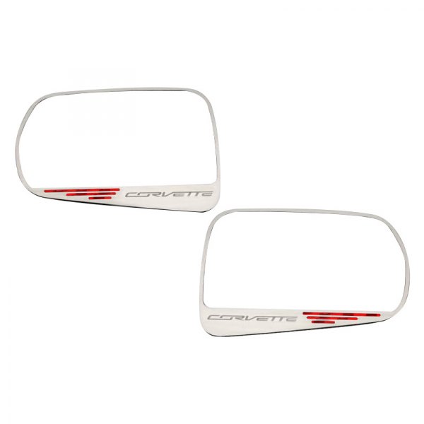 American Car Craft® - Brushed Side View Mirror Trim with Red Carbon Fiber Corvette Logo