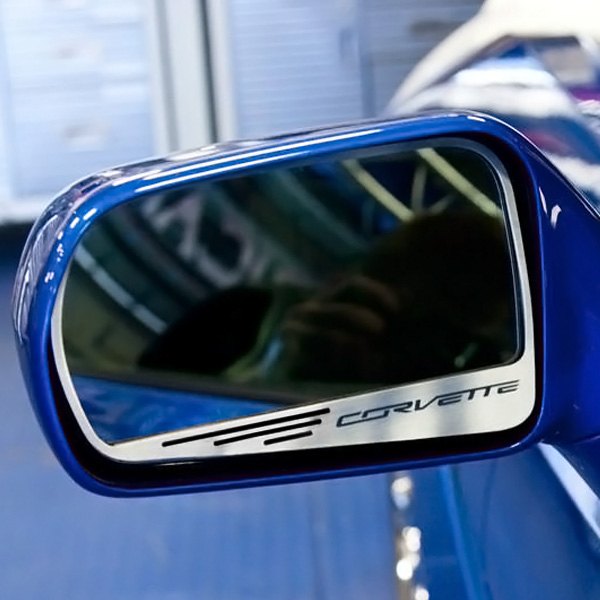 American Car Craft® - Brushed Side View Mirror Trim with Black Solid Corvette Logo