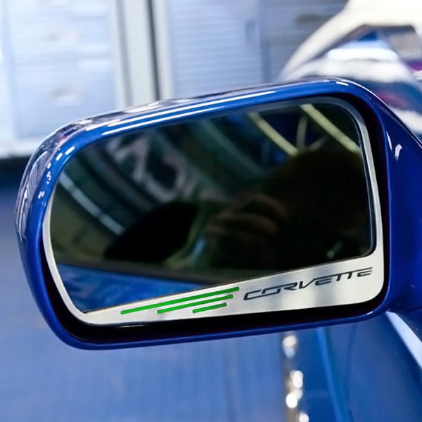 American Car Craft® - Brushed Side View Mirror Trim with Synergy Green Corvette Logo