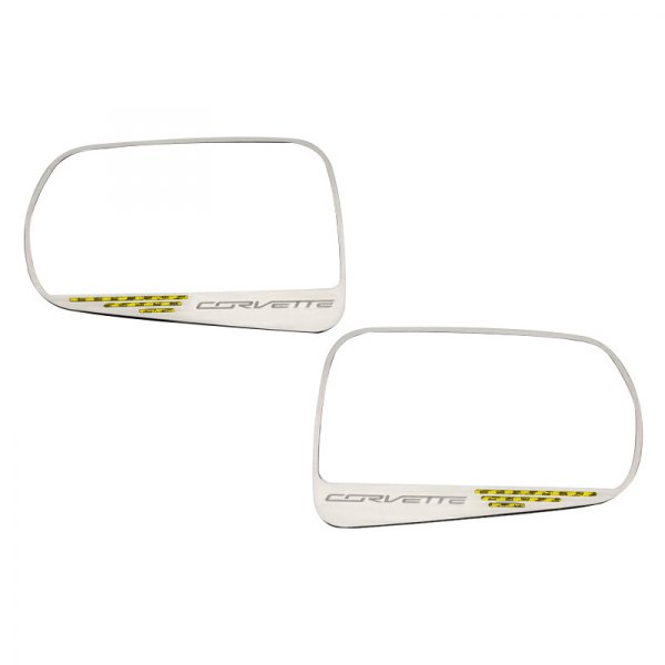American Car Craft® - Brushed Side View Mirror Trim with Yellow Carbon Fiber Corvette Logo