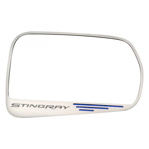 American Car Craft® - Brushed Side View Mirror Trim with Blue Carbon Fiber Stingray Logo