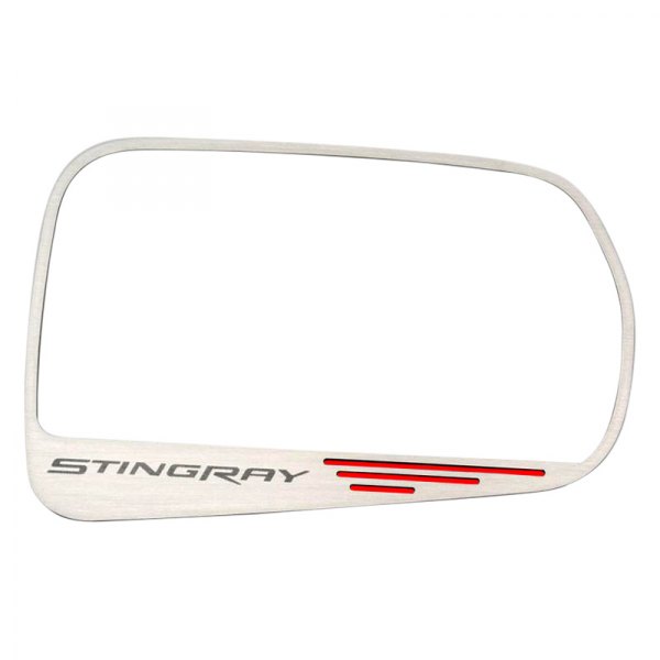 American Car Craft® - Brushed Side View Mirror Trim with Bright Red Solid Stingray Logo