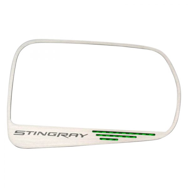 American Car Craft® - Brushed Side View Mirror Trim with Green Carbon Fiber Stingray Logo