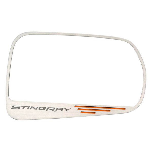 American Car Craft® - Brushed Side View Mirror Trim with Orange Carbon Fiber Stingray Logo
