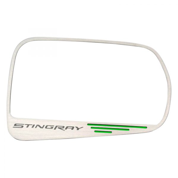 American Car Craft® - Brushed Side View Mirror Trim with Synergy Green Stingray Logo