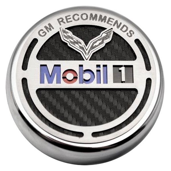 American Car Craft® - GM Recommends Mobil 1 Chrome Oil Fluid Cap Cover with Carbon Fiber Inlay