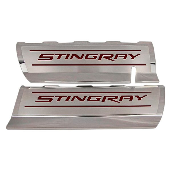 American Car Craft® - GM Licensed Series Polished Fuel Rail Covers with Garnet Red Stingray Logo