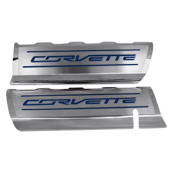 American Car Craft® - GM Licensed Series Polished Fuel Rail Covers with Dark Blue Corvette Logo