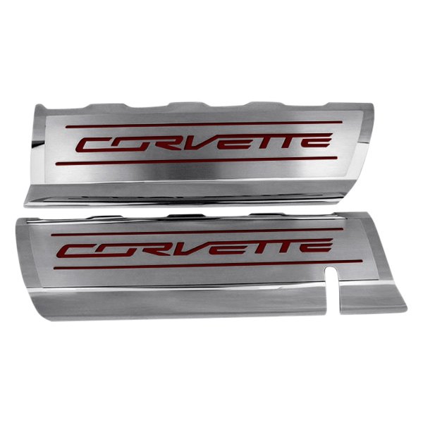 American Car Craft® - GM Licensed Series Polished Fuel Rail Covers with Garnet Red Corvette Logo