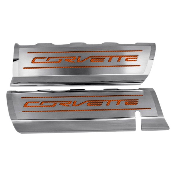 American Car Craft® - GM Licensed Series Polished Fuel Rail Covers with Orange Corvette Logo