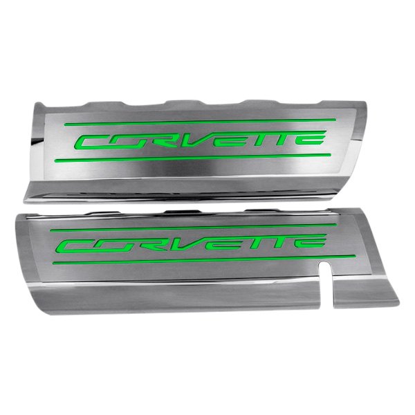 American Car Craft® - GM Licensed Series Polished Fuel Rail Covers with Synergy Green Corvette Logo