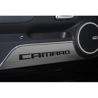 ACC® - GM Licensed Brushed Door Panel Kick Plates with Brushed Black Camaro Logo