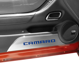 ACC® - GM Licensed Brushed Door Panel Kick Plates with Dark Blue Camaro Logo