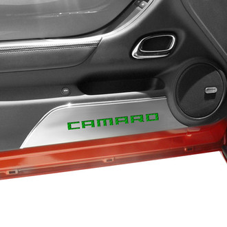 ACC® - GM Licensed Brushed Door Panel Kick Plates with Green Camaro Logo