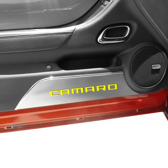 ACC® - GM Licensed Brushed Door Panel Kick Plates with Yellow Camaro Logo