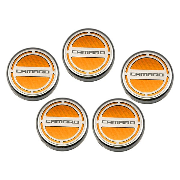 American Car Craft® - Brushed Orange Carbon Fiber Cap Cover Set with Camaro Logo
