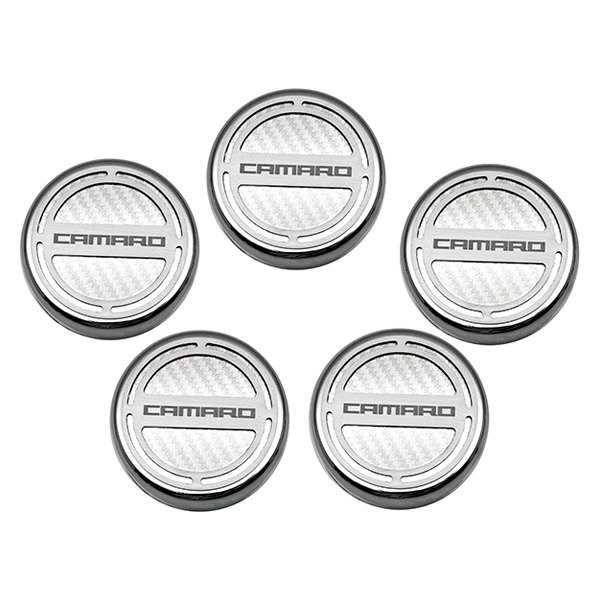 American Car Craft® - Brushed White Carbon Fiber Cap Cover Set with Camaro Logo