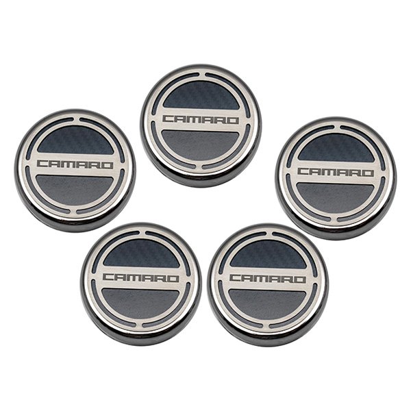 American Car Craft® - Brushed Black Carbon Fiber Cap Cover Set with Camaro Logo