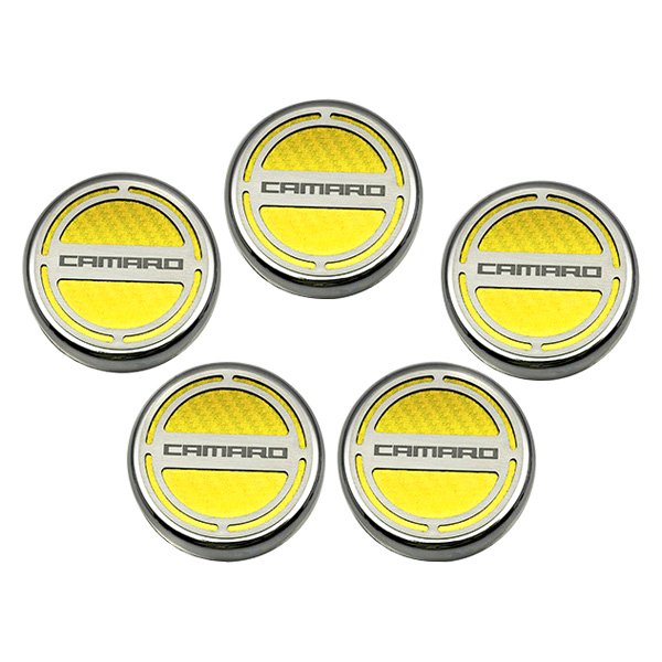 American Car Craft® - Brushed Yellow Carbon Fiber Cap Cover Set with Camaro Logo