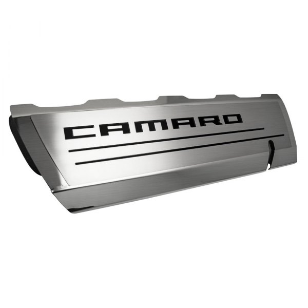 American Car Craft® - Brushed Top Plate for Fuel Rail Covers with Brushed Black Camaro Logo