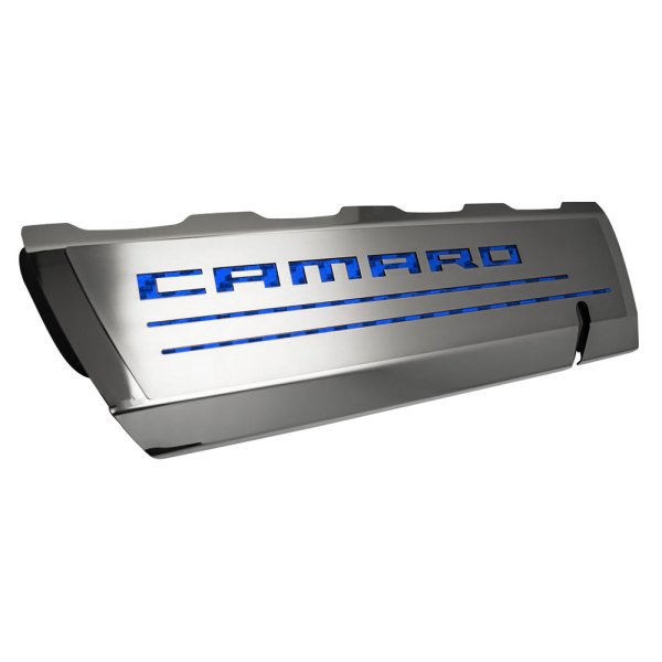 American Car Craft® - Brushed Top Plate for Fuel Rail Covers with Blue Camaro Logo