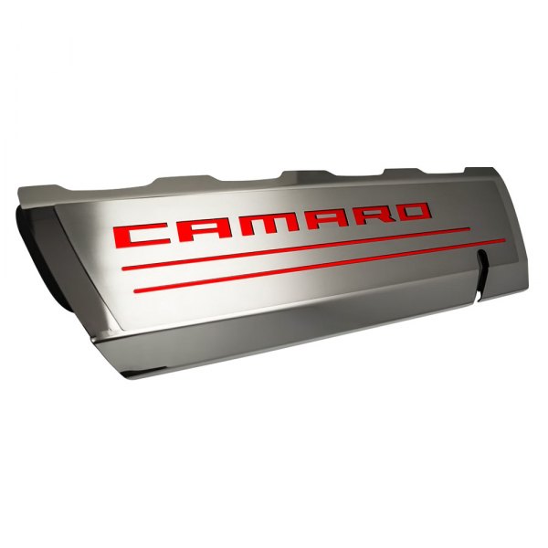 American Car Craft® - Brushed Top Plate for Fuel Rail Covers with Bright Red Camaro Logo