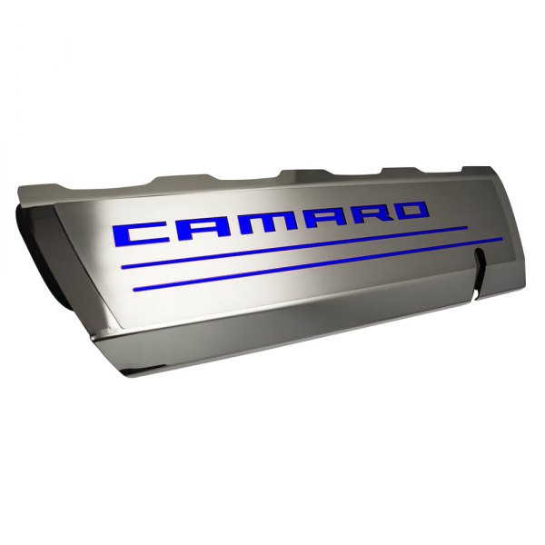 American Car Craft® - Brushed Top Plate for Fuel Rail Covers with Dark Blue Camaro Logo