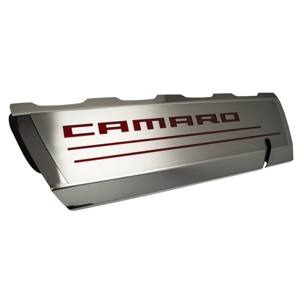 American Car Craft® - Brushed Top Plate for Fuel Rail Covers with Garnet Red Camaro Logo