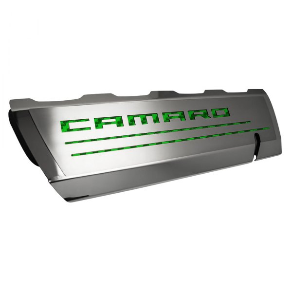 American Car Craft® - Brushed Top Plate for Fuel Rail Covers with Green Camaro Logo