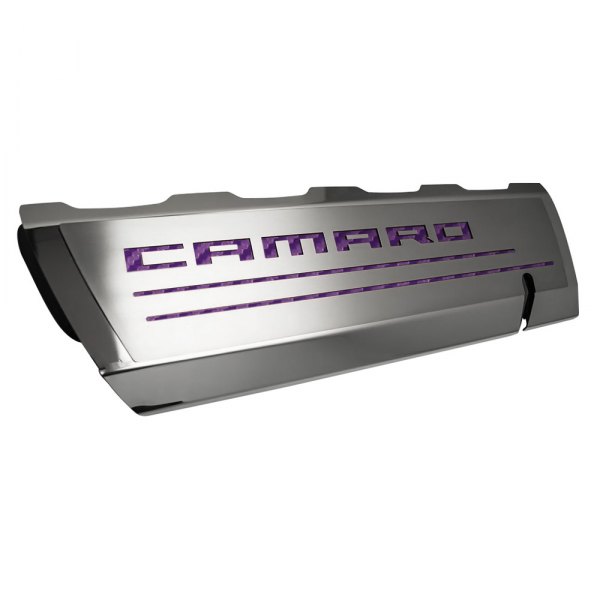 American Car Craft® - Brushed Top Plate for Fuel Rail Covers with Purple Camaro Logo