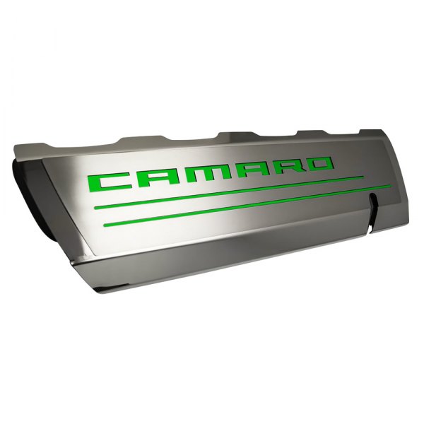 American Car Craft® - Brushed Top Plate for Fuel Rail Covers with Synergy Green Camaro Logo