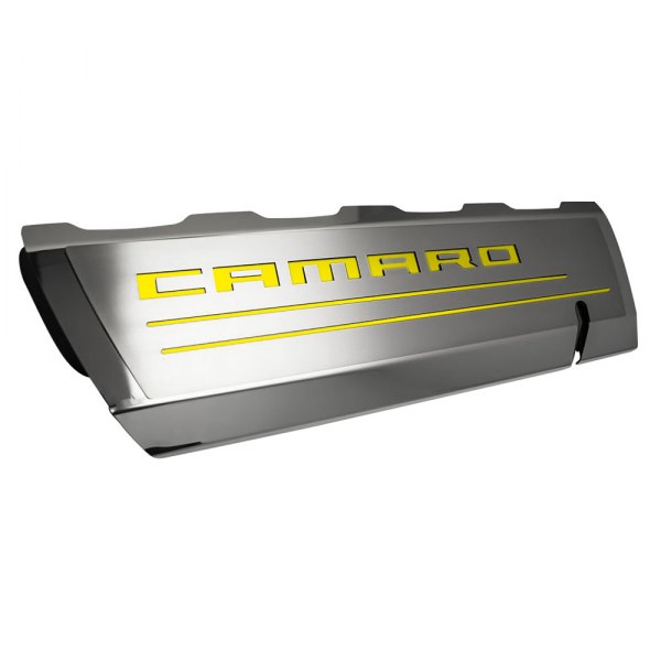 American Car Craft® - Brushed Top Plate for Fuel Rail Covers with Yellow Camaro Logo