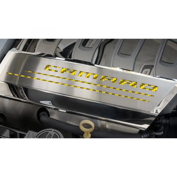 American Car Craft® - Brushed Top Plate for Fuel Rail Covers with Yellow Camaro Logo
