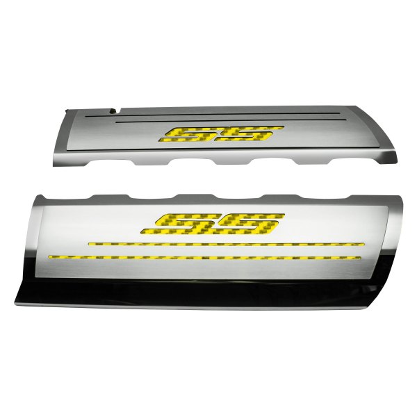American Car Craft® - Brushed Top Plate for Fuel Rail Covers with Yellow SS Logo